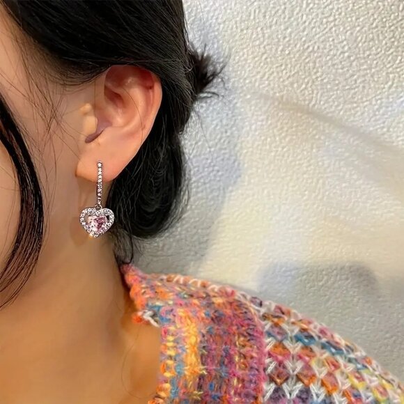 Heart-Shaped Pink Gemstone Drop Earrings With Pave-Set CZ & Silver Tone - Picture 4 of 4